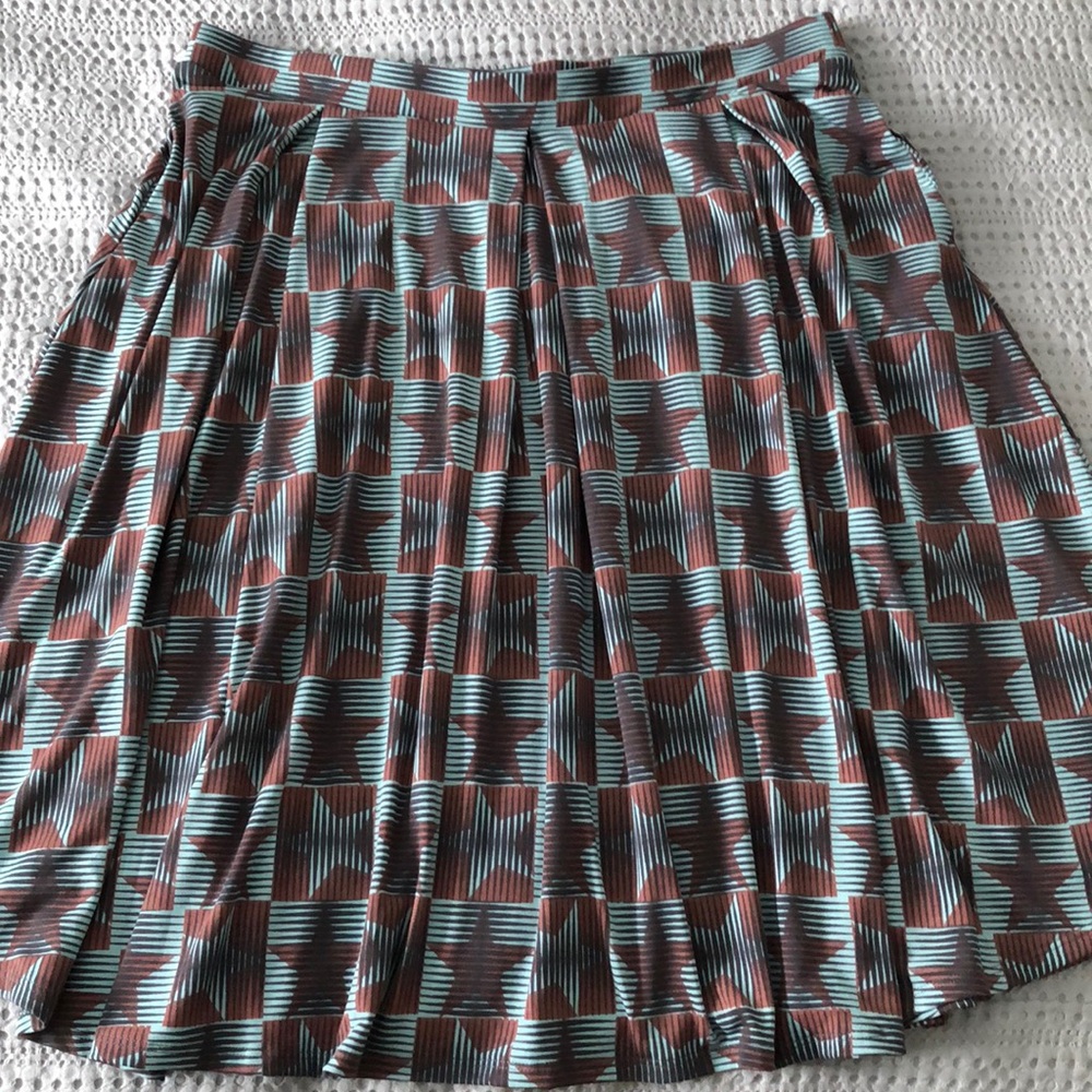 LuLaRoe A-Line Skirt in Brown and Teal Geometric Print